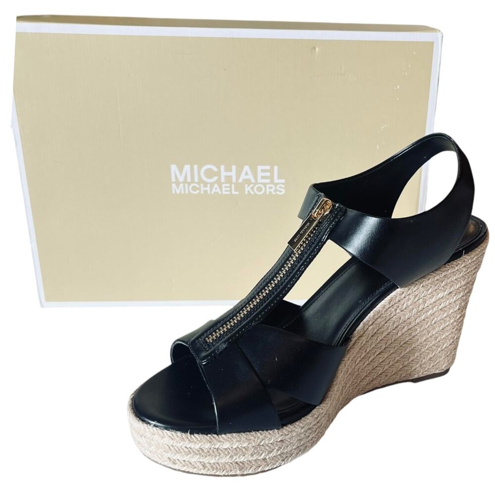 Michael Kors Roslyn Wedge Shoes Womens 10 Vegan Leather Zip Sandal Shoe Box New